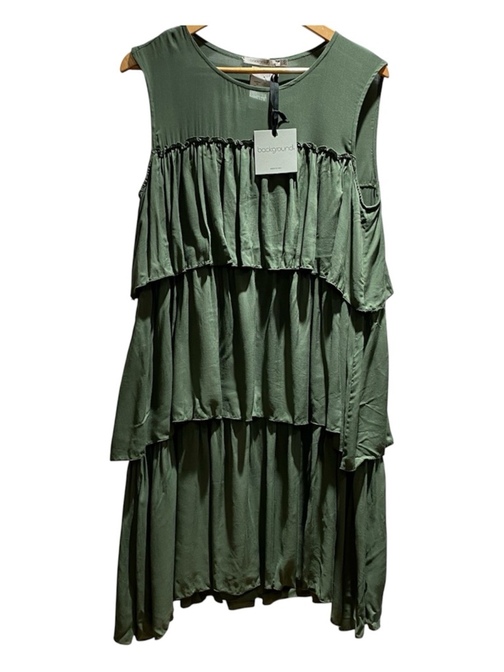 New Background Olive Green Ruffle Midi Dress Size M Neutral Army Green Ptp 19”